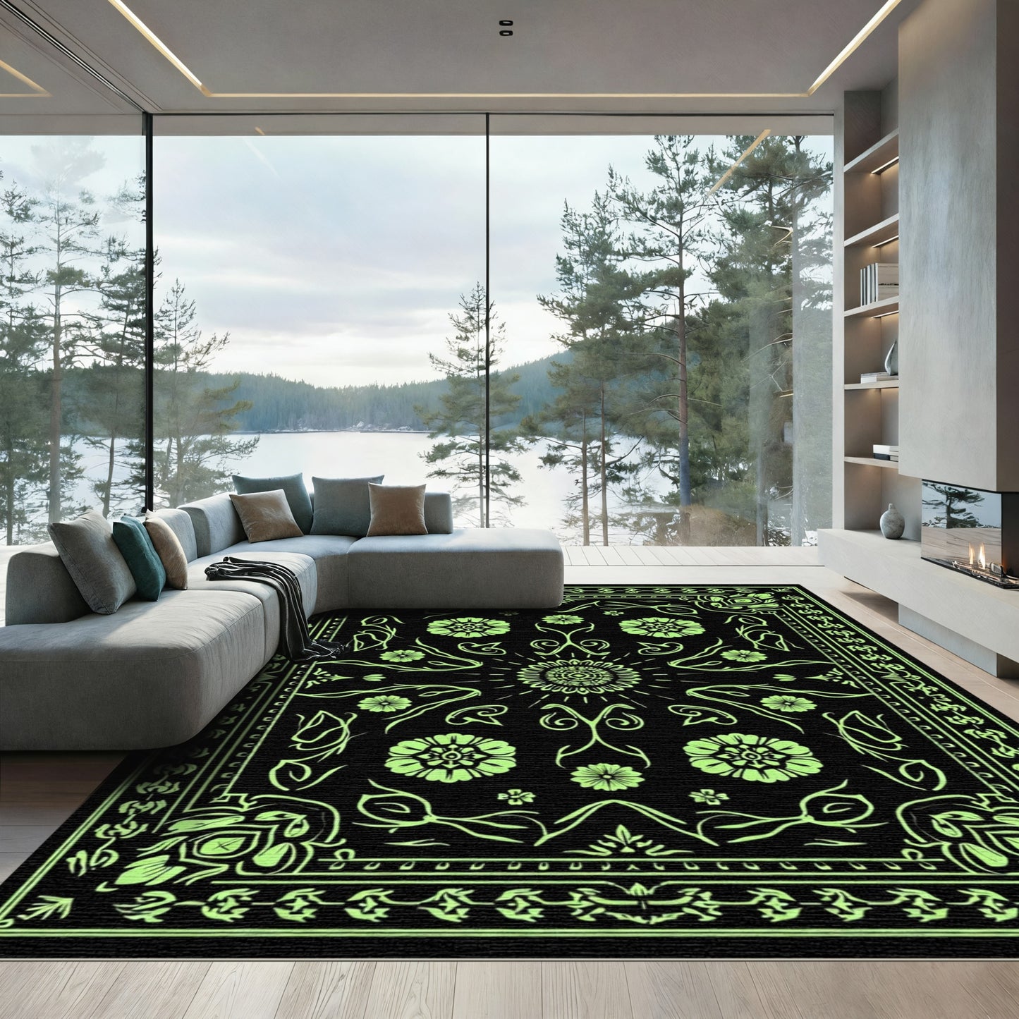 Neon Green Floral Sunburst Medallion Rug