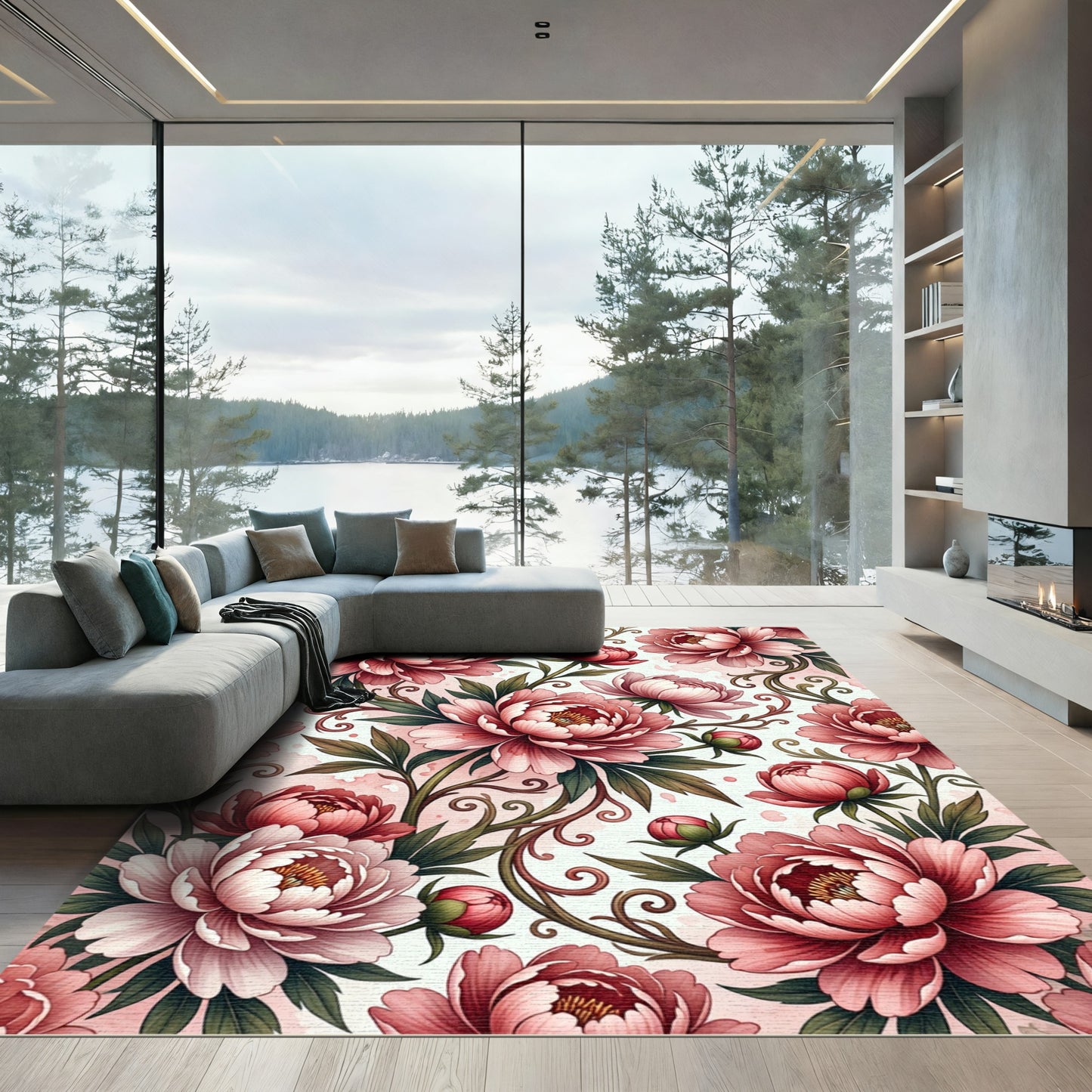 Romantic Pink Peony Floral Scroll Rug