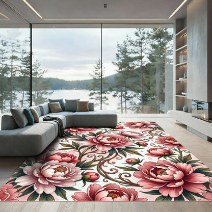 Romantic Pink Peony Floral Scroll Rug