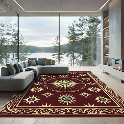 Deep Red Celestial Sunburst Medallions Rug