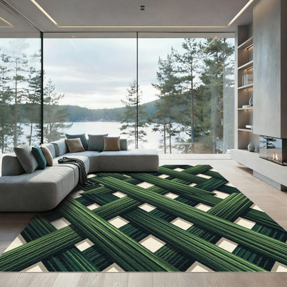Forest Green Interwoven Geometric Lattice Rug
