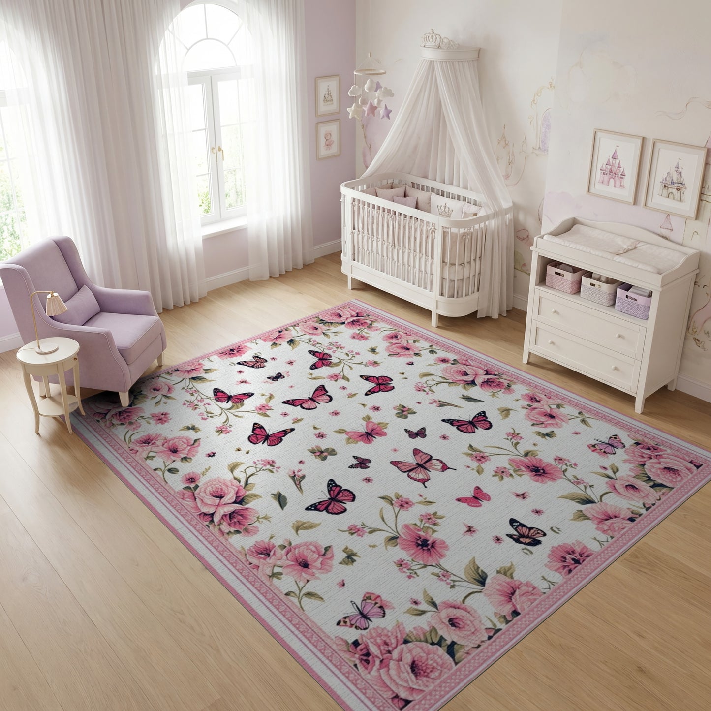 Romantic Pink Roses Butterflies Rug