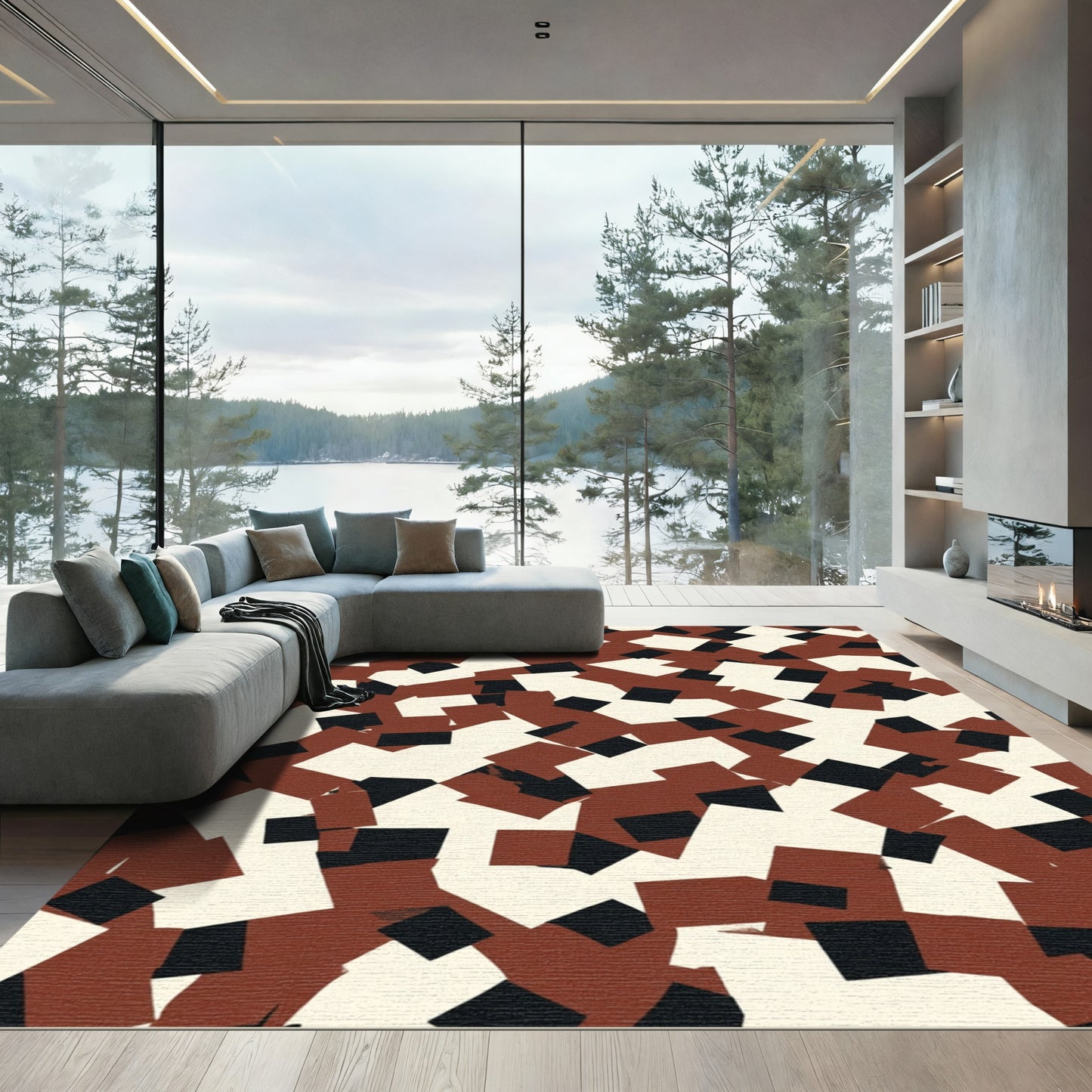 Abstract Red Black Cream Geometric Blocks Rug