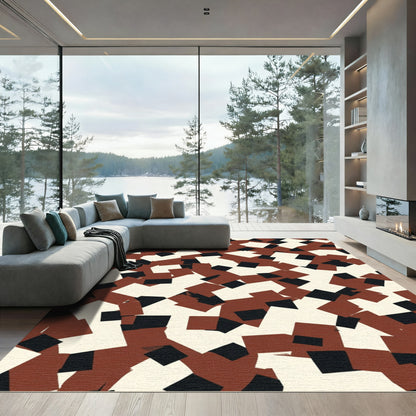 Abstract Red Black Cream Geometric Blocks Rug