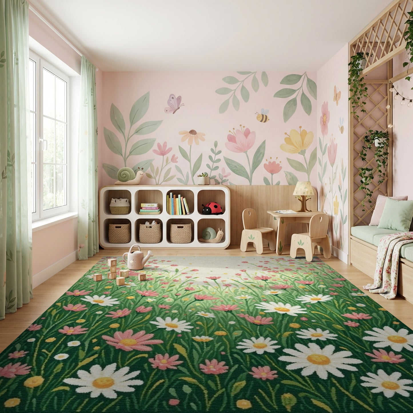 Whimsical Pink Green Daisy Meadow Rug