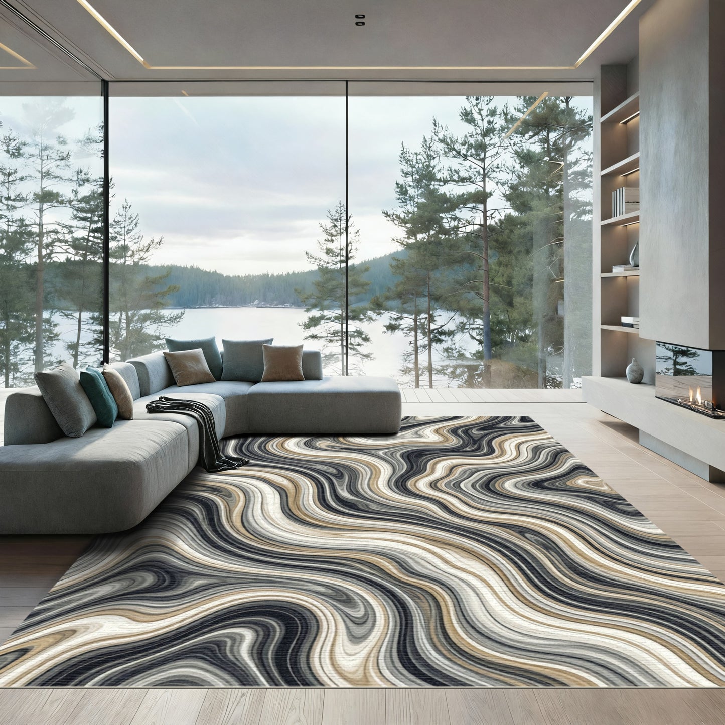 Flowing Charcoal and Gold Marble Wave Rug