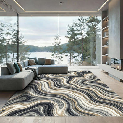 Flowing Charcoal and Gold Marble Wave Rug