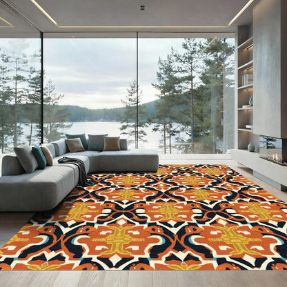 Terracotta Orange Yellow Floral Damask Rug