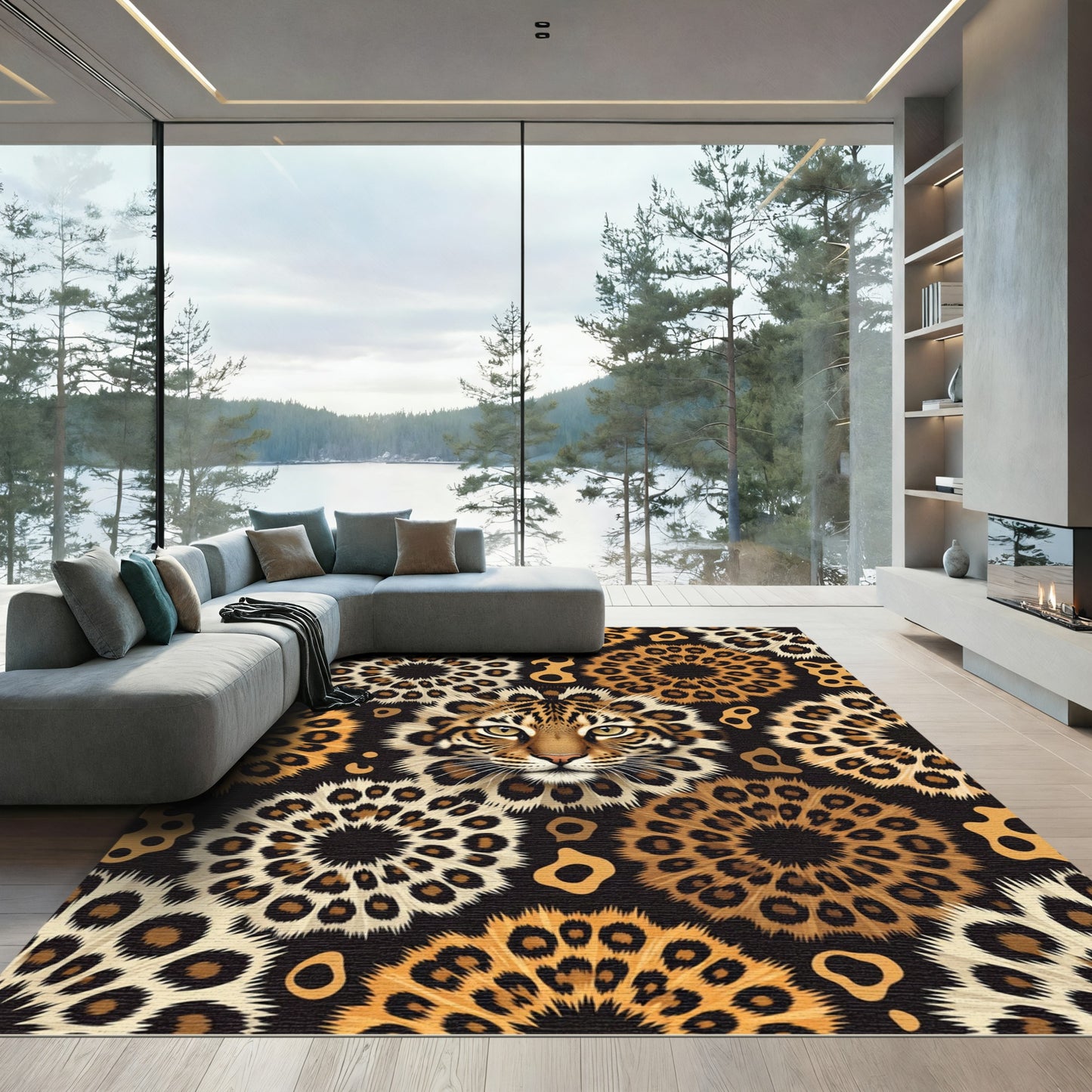 Wild Cat Face Floral Medallion Rug