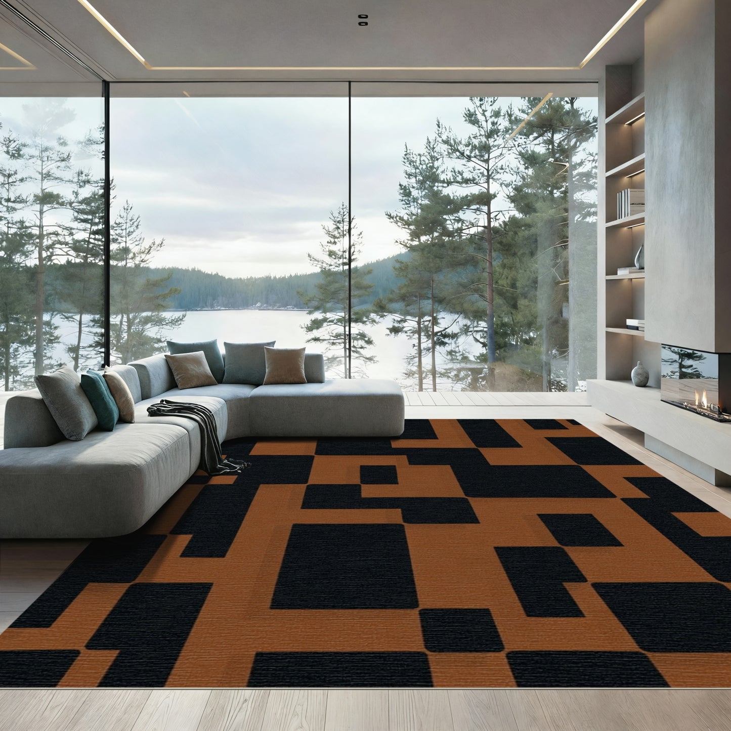 Terracotta Black Abstract Geometric Shapes Rug