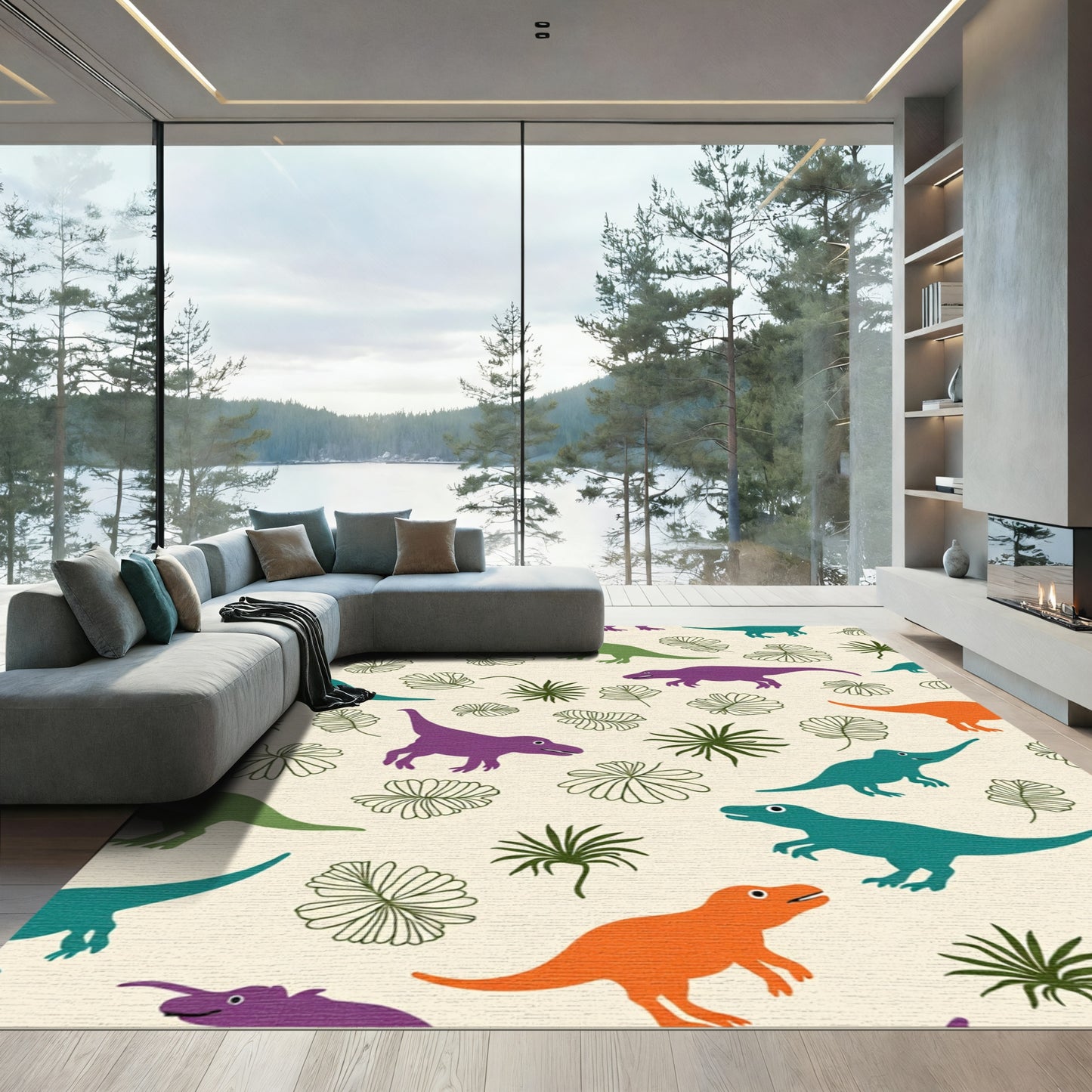 Playful Dinosaur Leafy Jungle Scene Rug