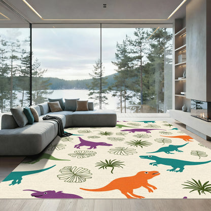 Playful Dinosaur Leafy Jungle Scene Rug