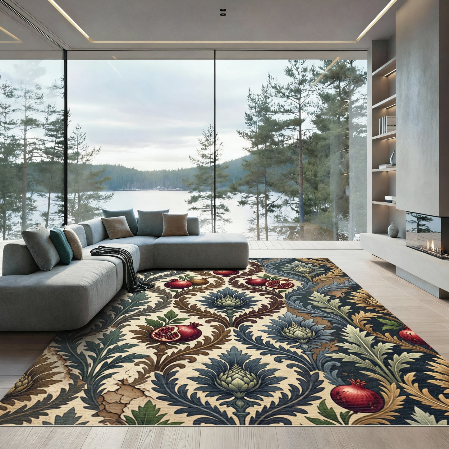 Crimson Pomegranate Floral Scrollwork Rug