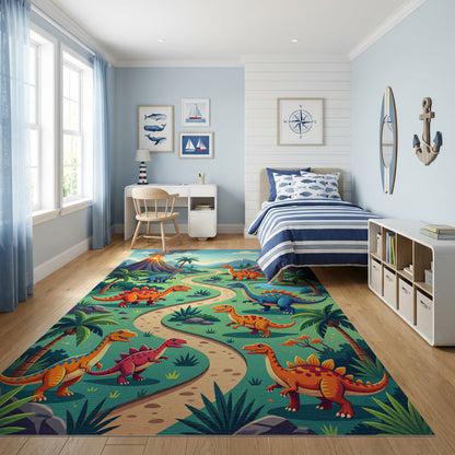 Bright Dino Trail Erupting Volcanoes Rug