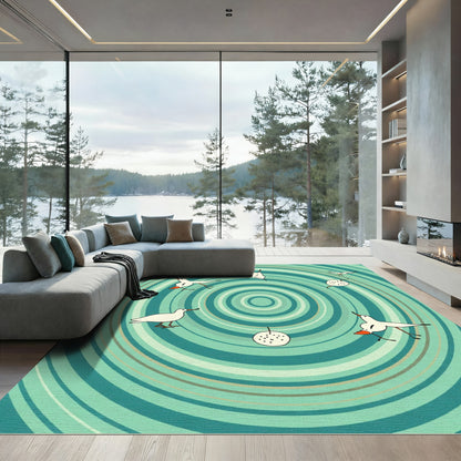 Teal Concentric Circles Whimsical Birds Rug