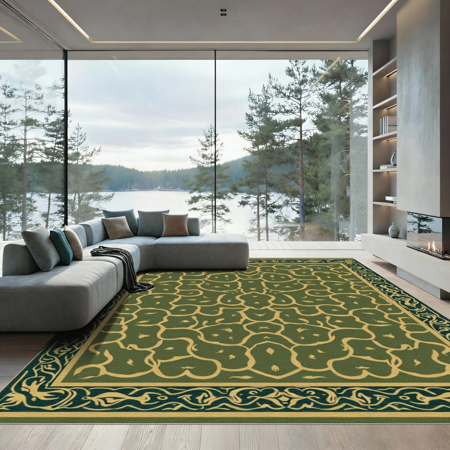 Olive Green Abstract Organic Border Rug
