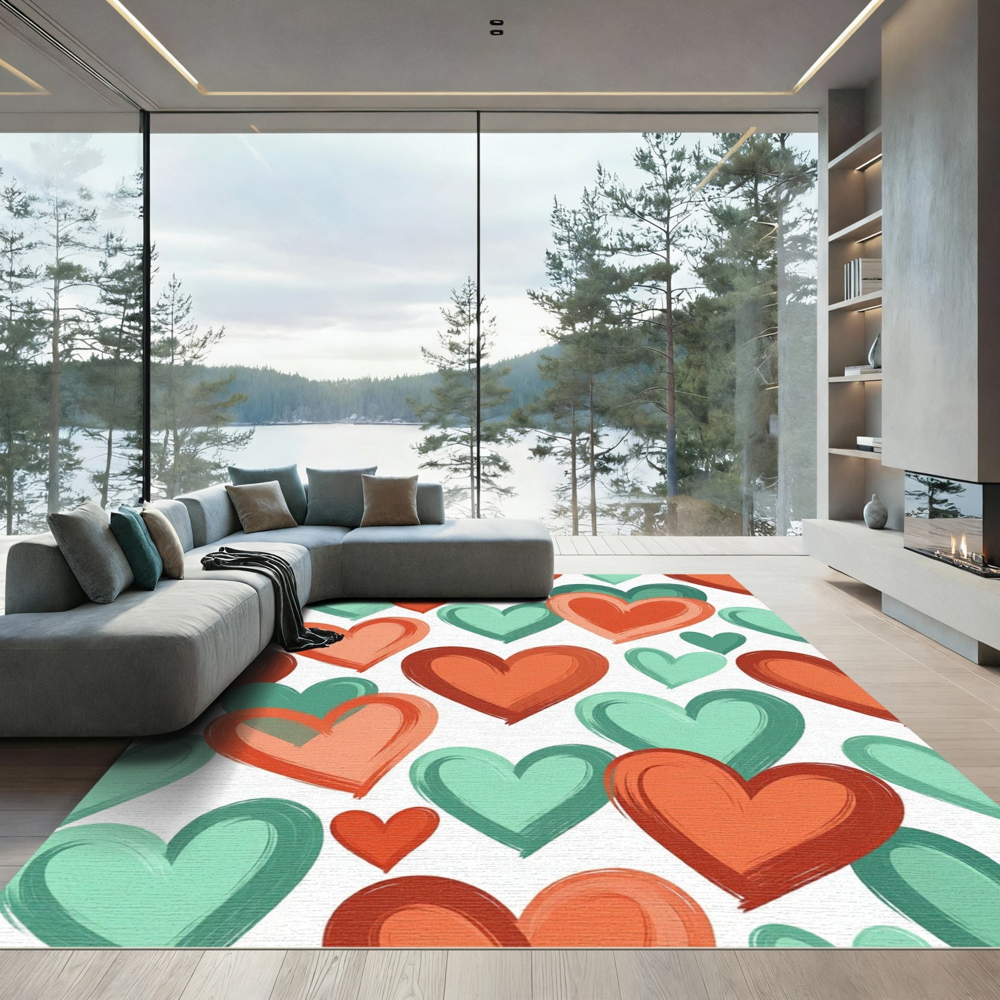 Whimsical Brushed Peach and Teal Hearts Rug