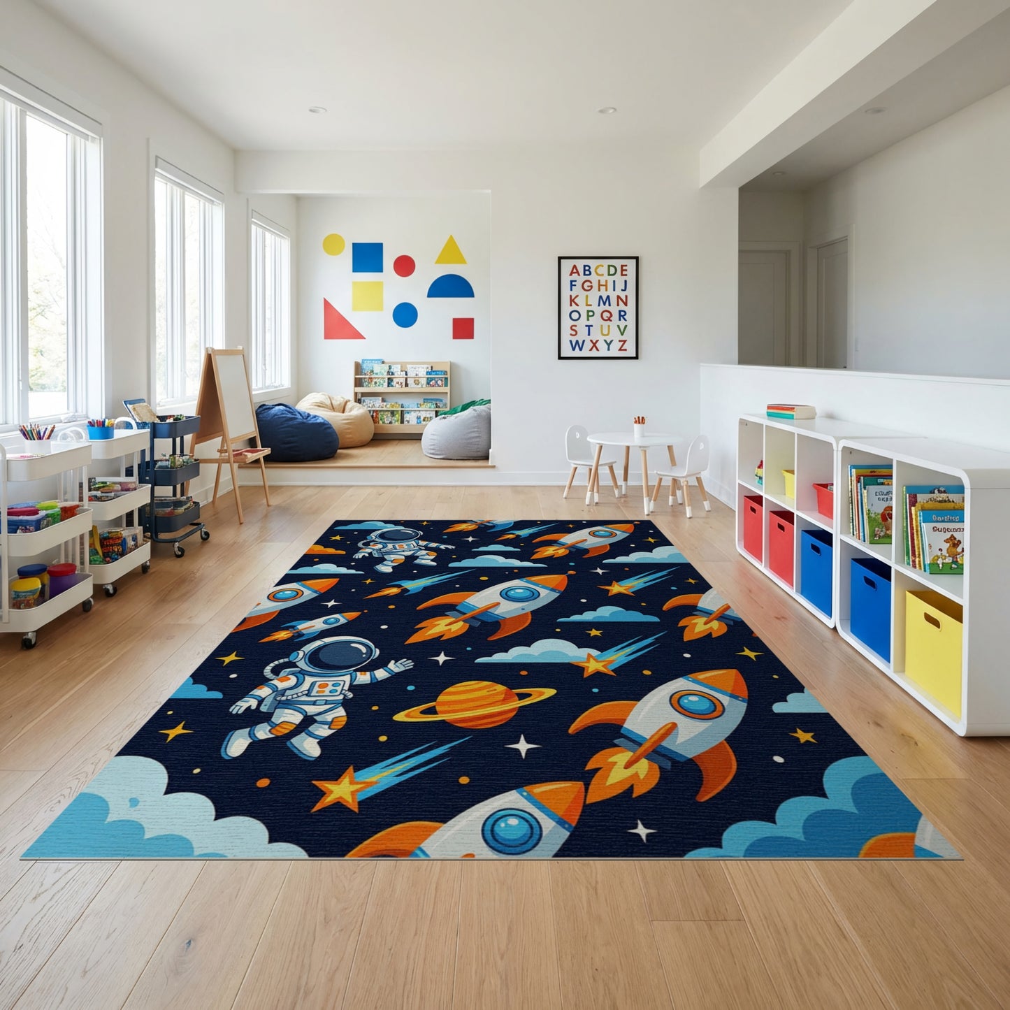 Whimsical Astronaut Rockets Stars Clouds Rug