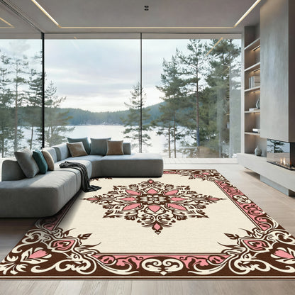 Vintage Pink Brown Floral Medallion Border Rug