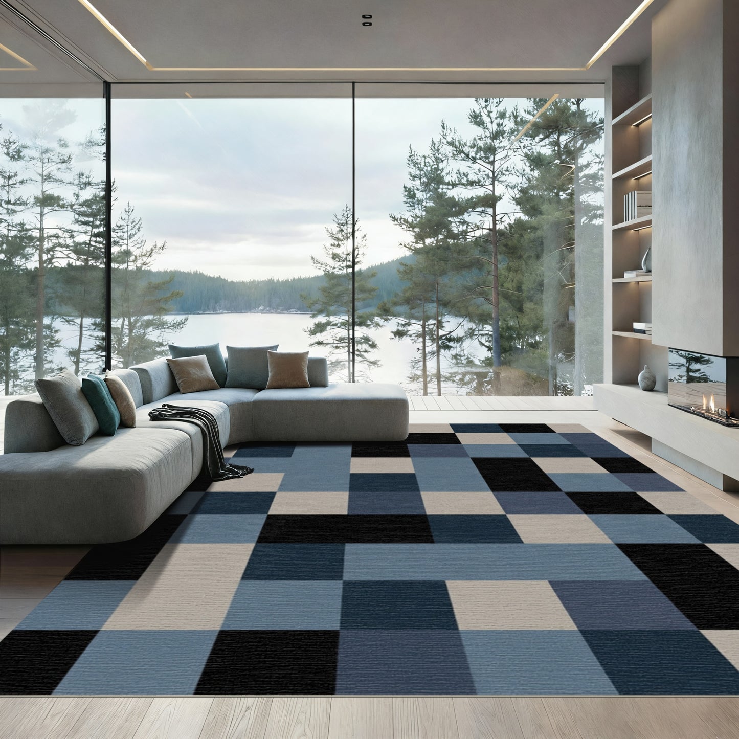 Minimalist Black Blue Square Grid Rug