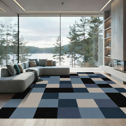 Minimalist Black Blue Square Grid Rug