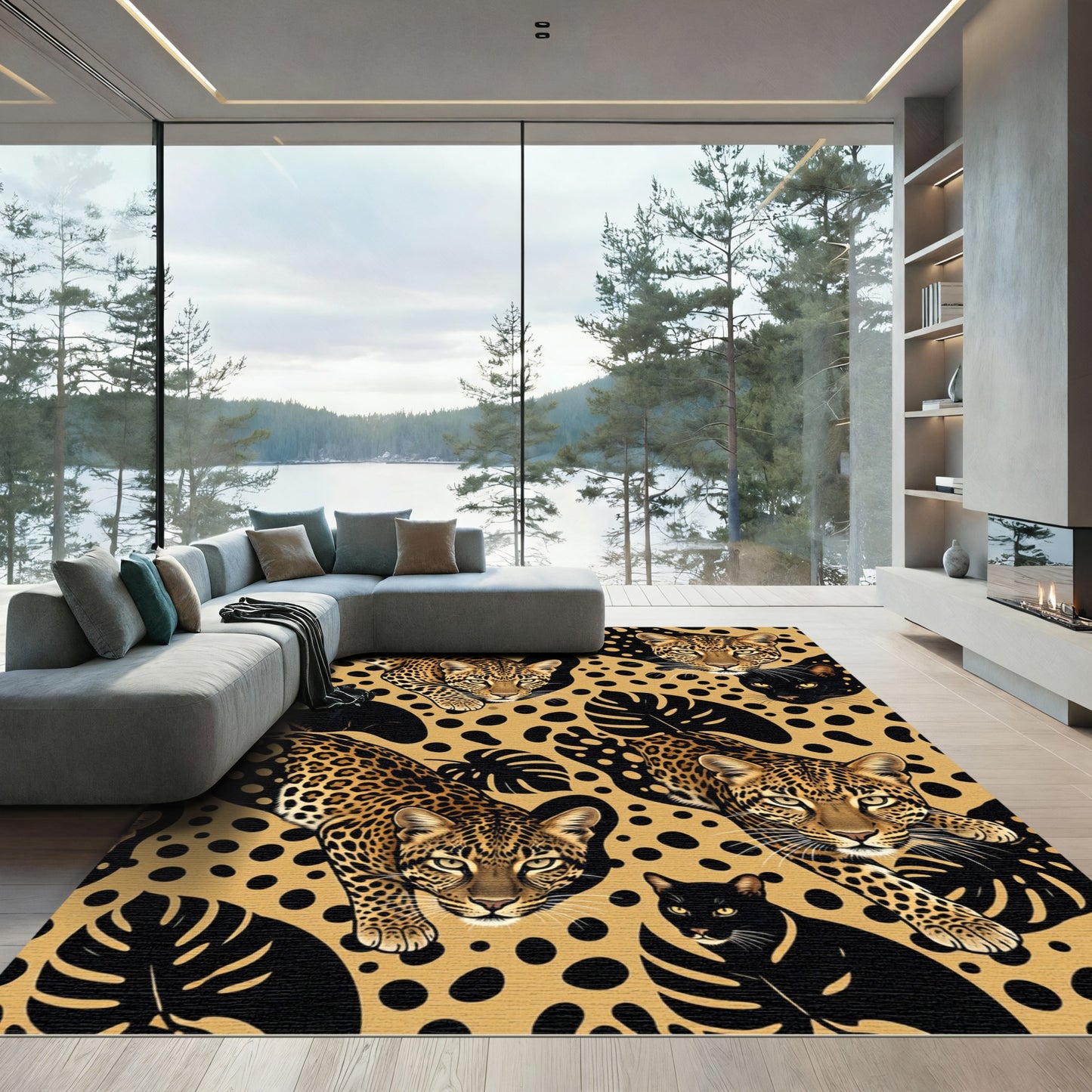 Golden Leopard and Black Panther Jungle Rug