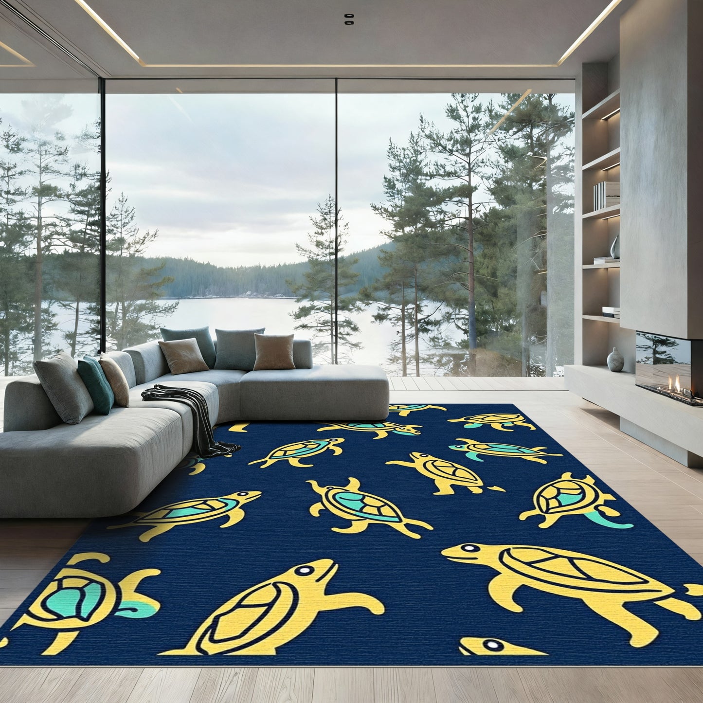 Yellow Turtle Navy Blue Motif Rug