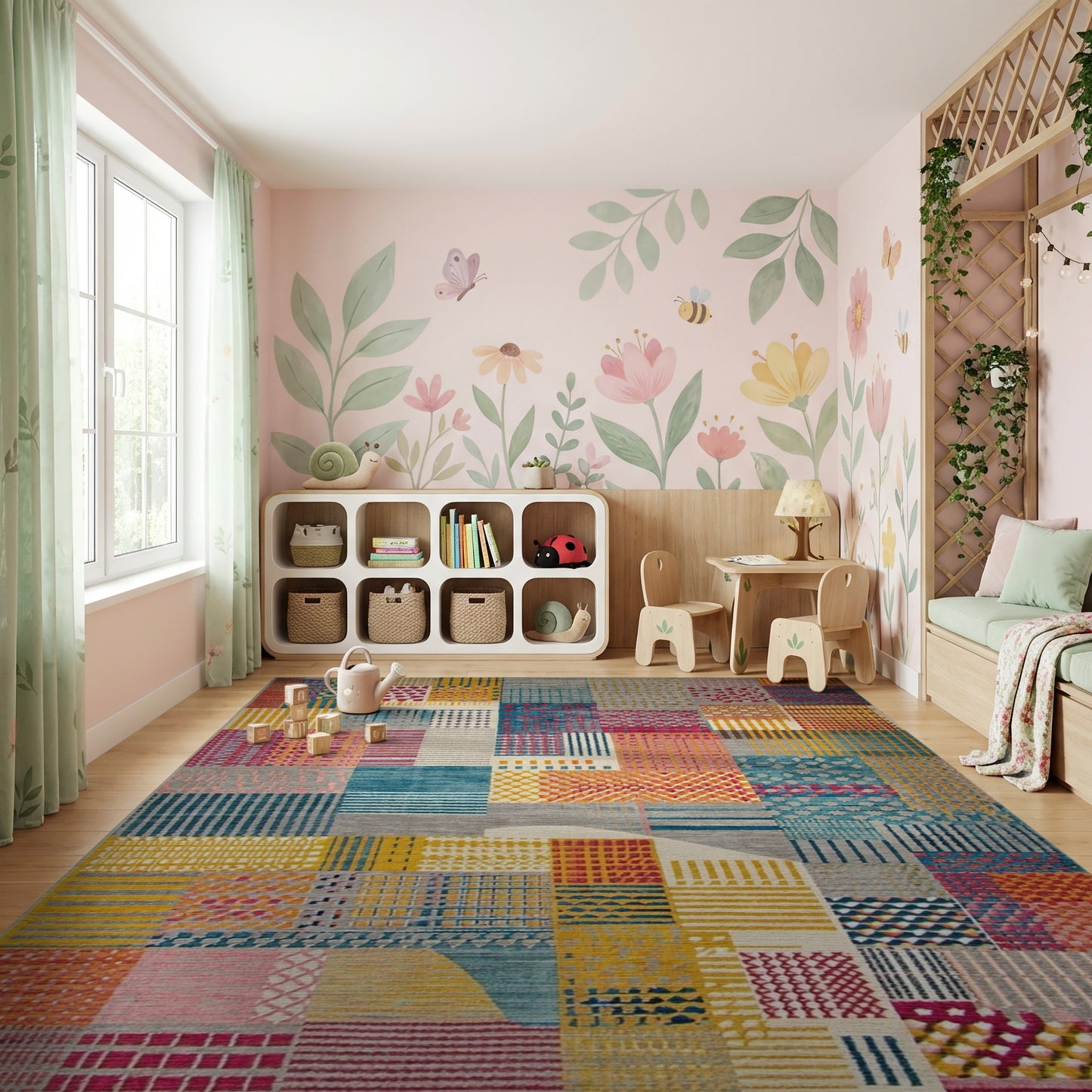 Vibrant Multicolored Geometric Patchwork Rug
