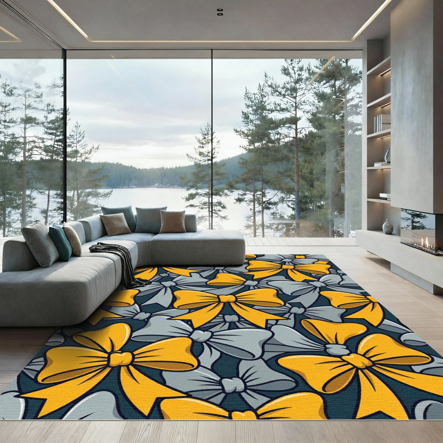Golden Gray Bow Ribbon Pattern Rug