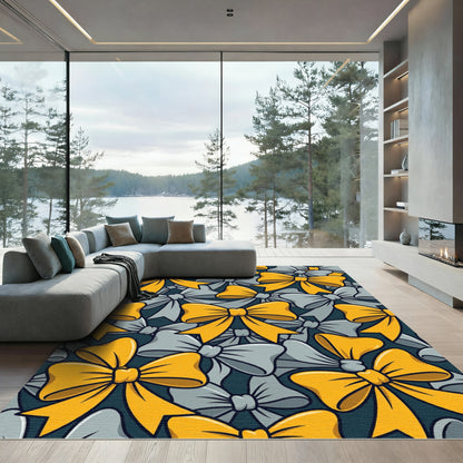 Golden Gray Bow Ribbon Pattern Rug