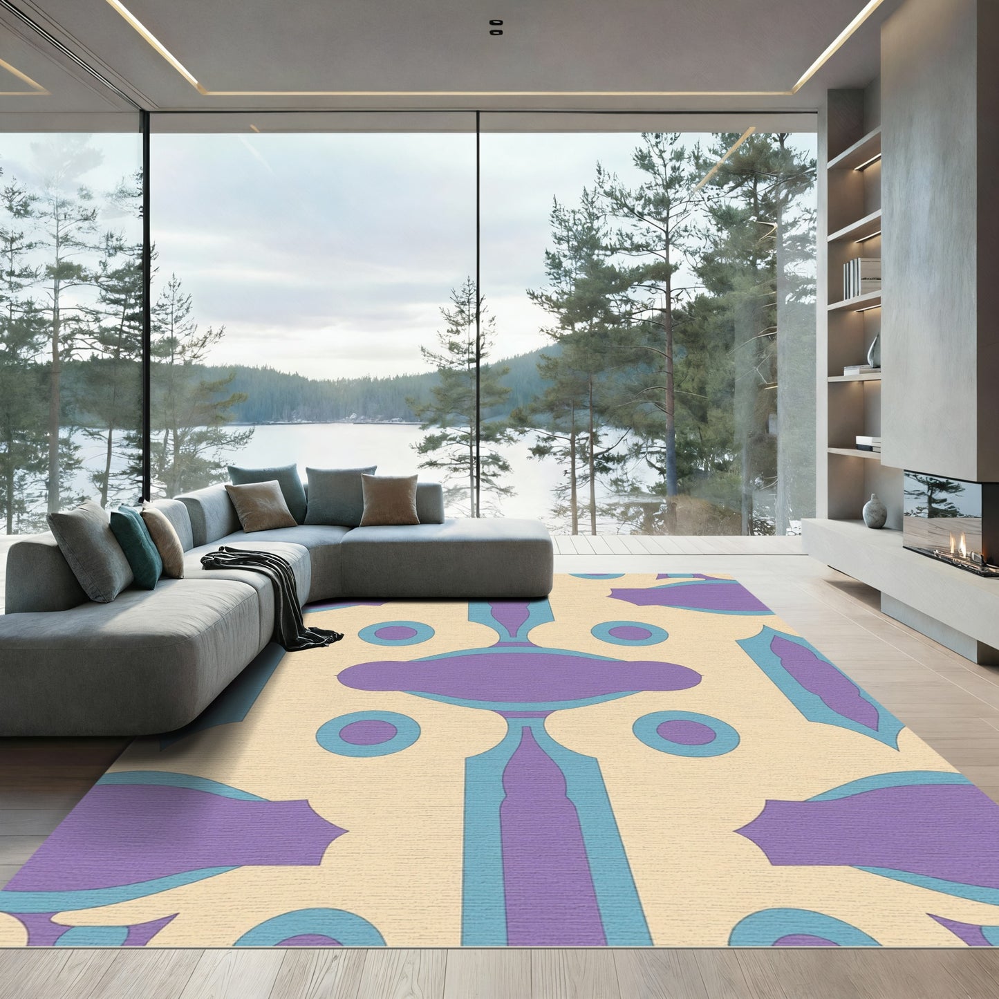 Cream Violet Teal Geometric Medallion Rug