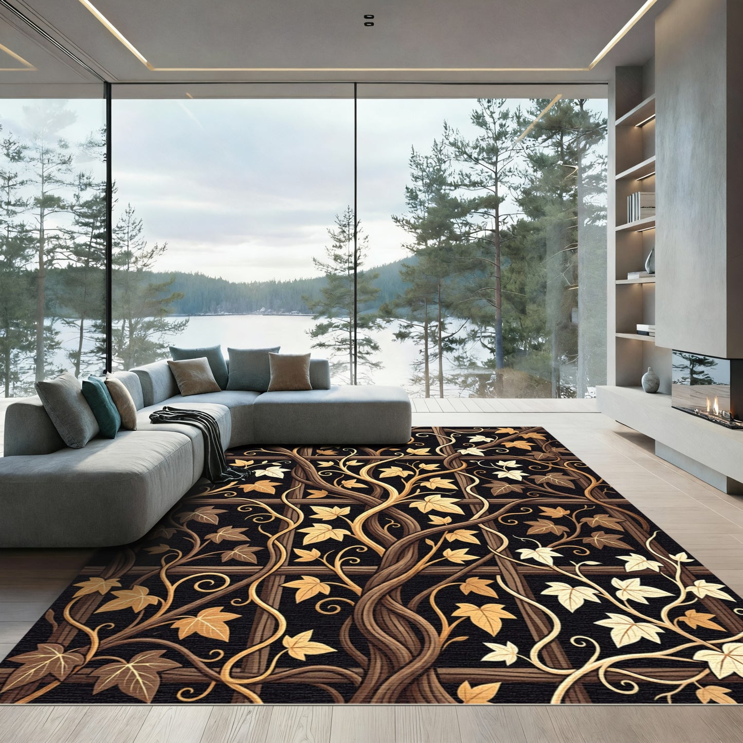 Golden Leaf Vine Lattice Rug