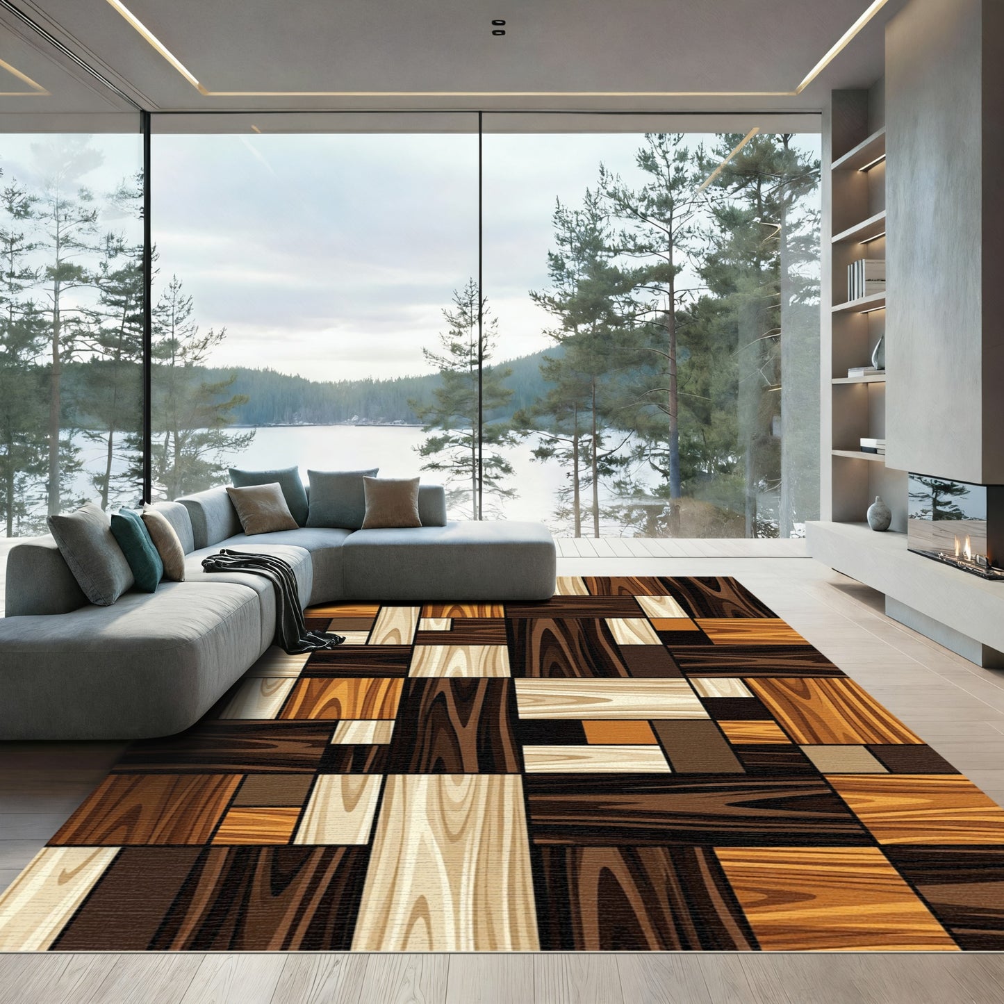 Rich Earthy Wood Grain Patchwork Rug