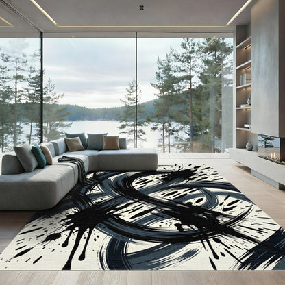 Modern Black Abstract Ink Swirl Rug