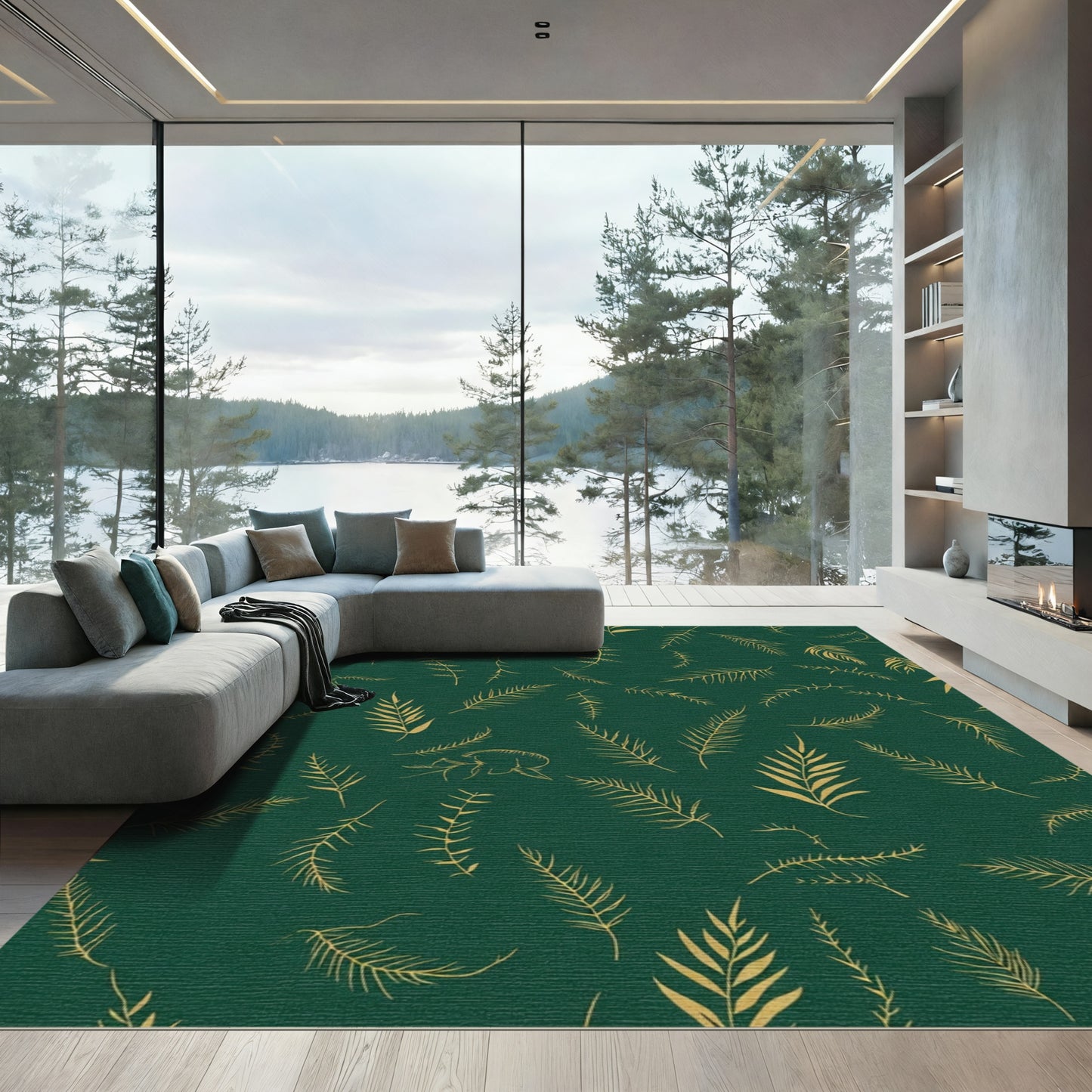 Emerald Green Gold Fern Foliage Rug