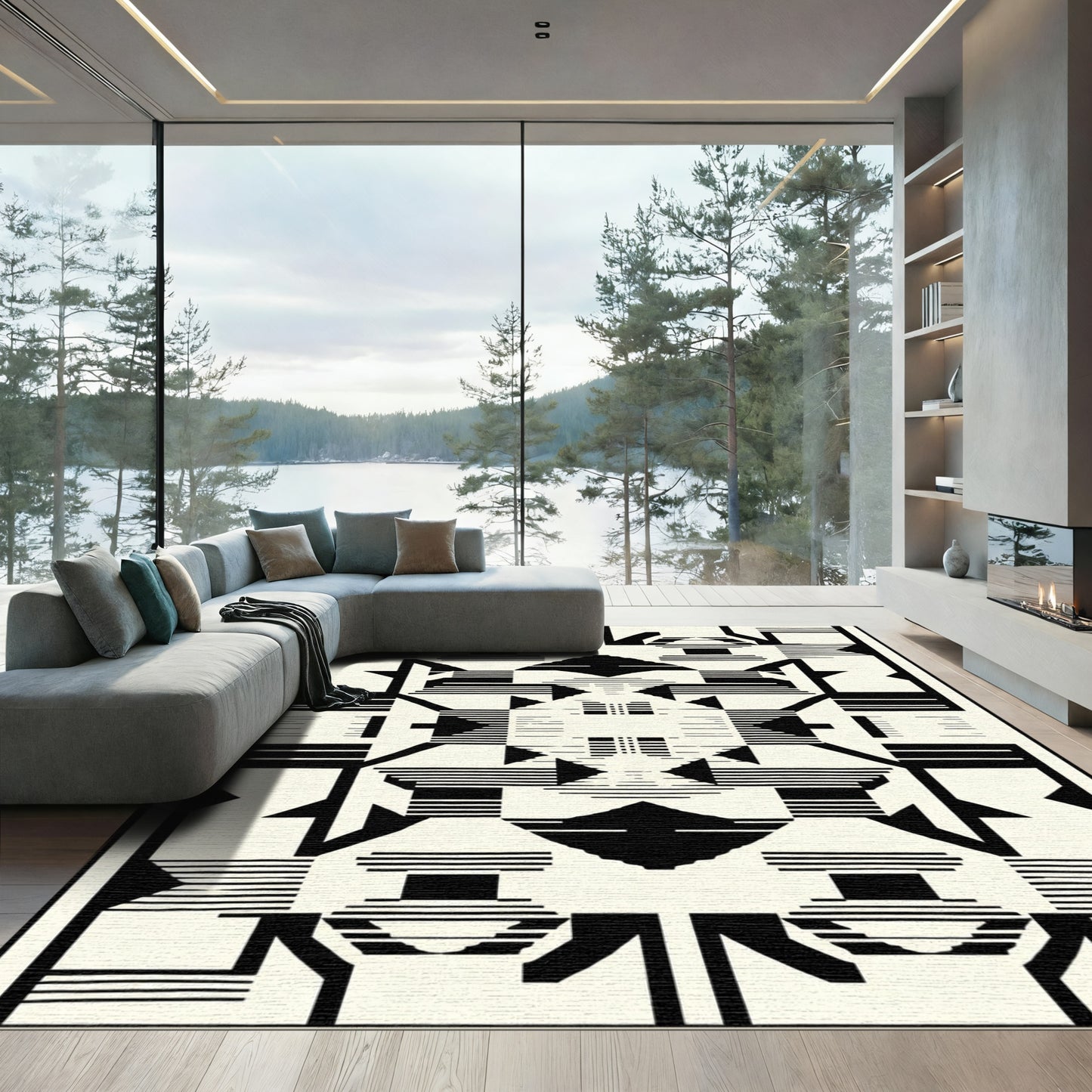 Bold Black Ivory Geometric Architecture Rug