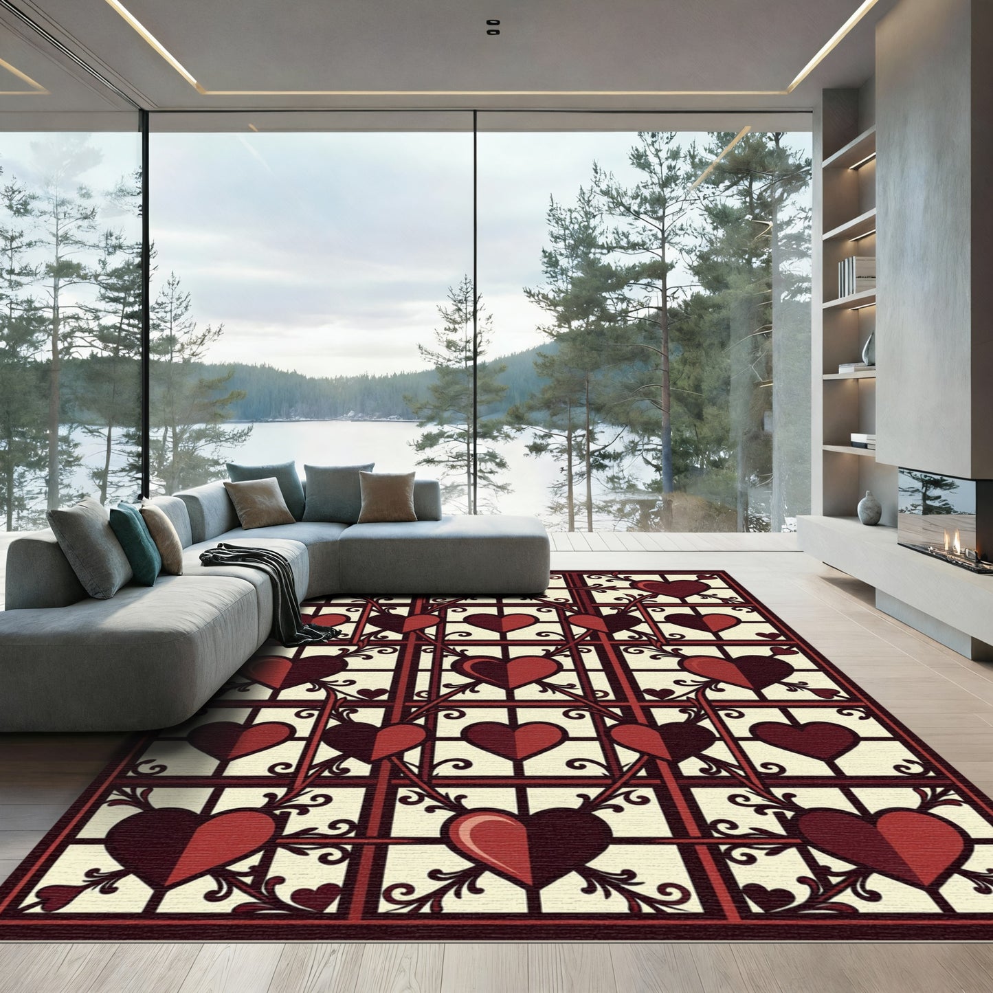 Gothic Heart Lattice Crimson Cream Grid Rug