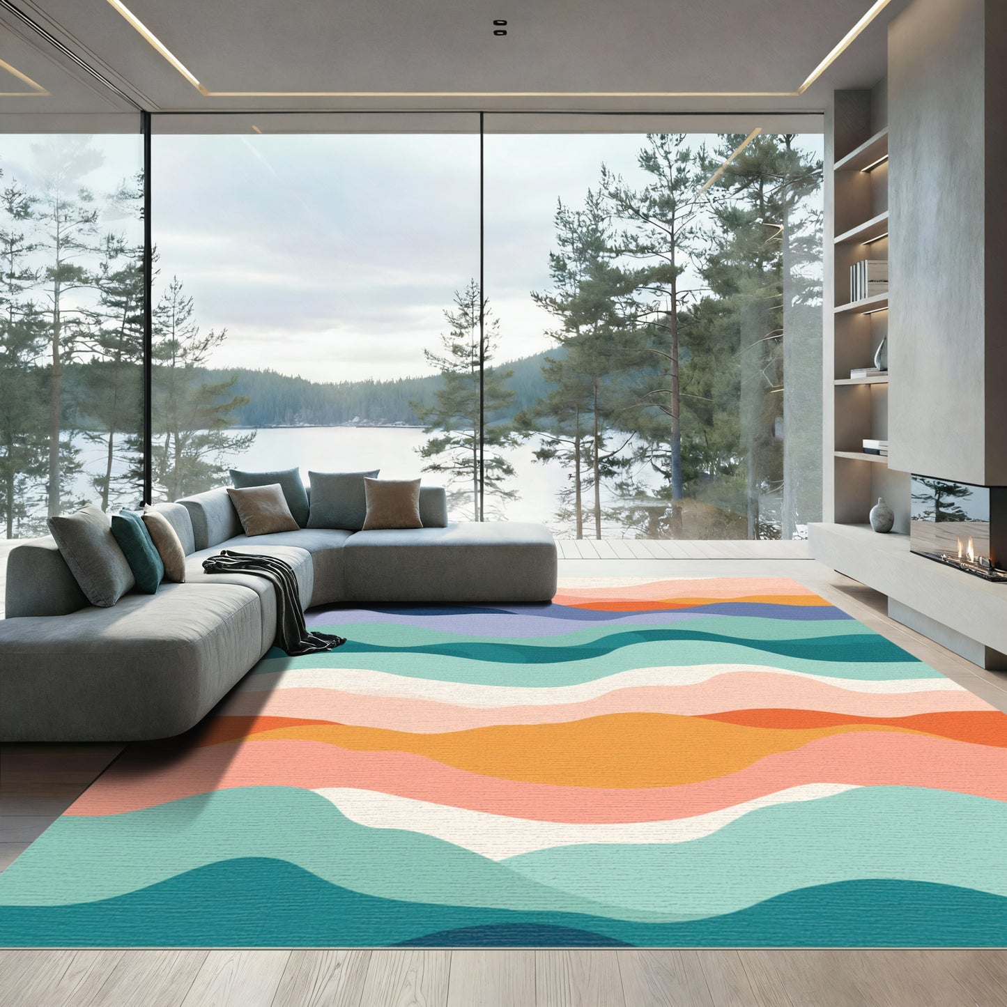 Abstract Wavy Landscape with Coastal Colors Rug