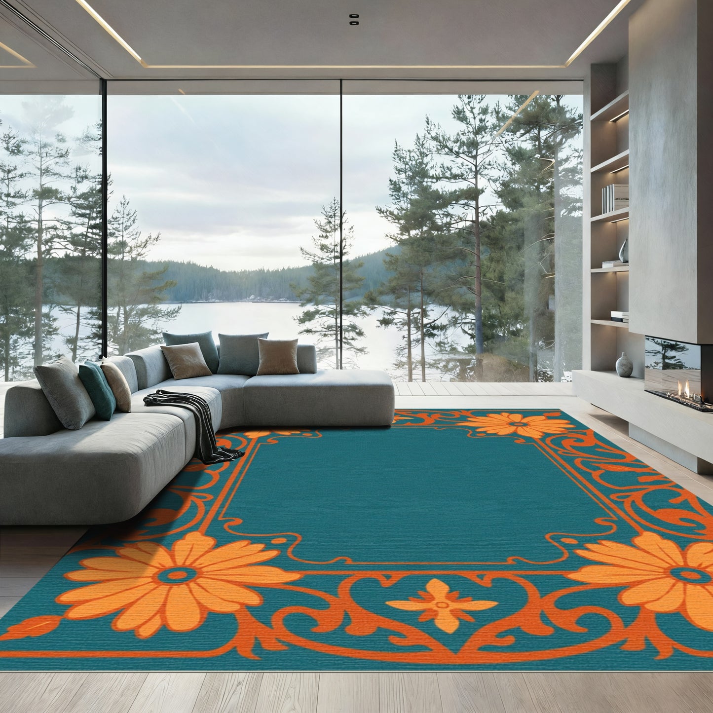 Teal Orange Floral Scrollwork Frame Rug