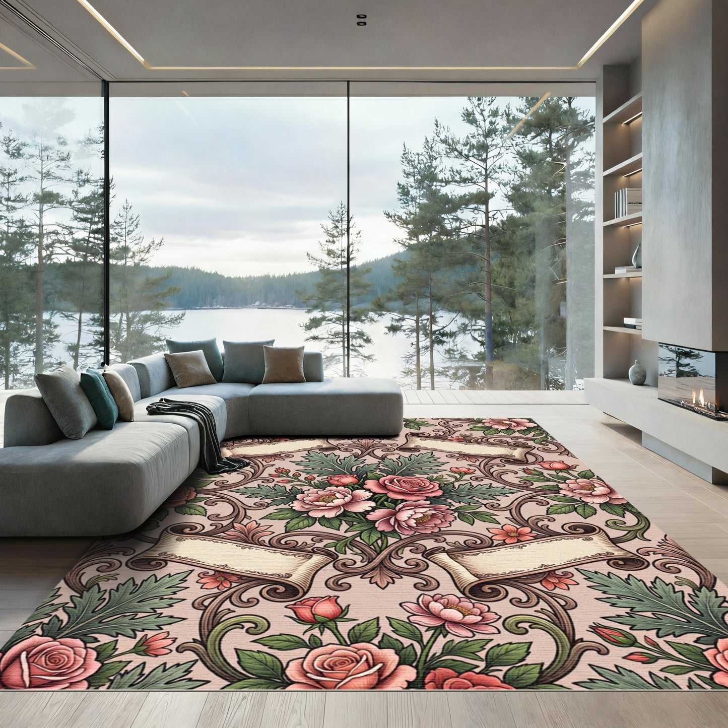 Ornate Rose Scrollwork Floral Arrangement Rug