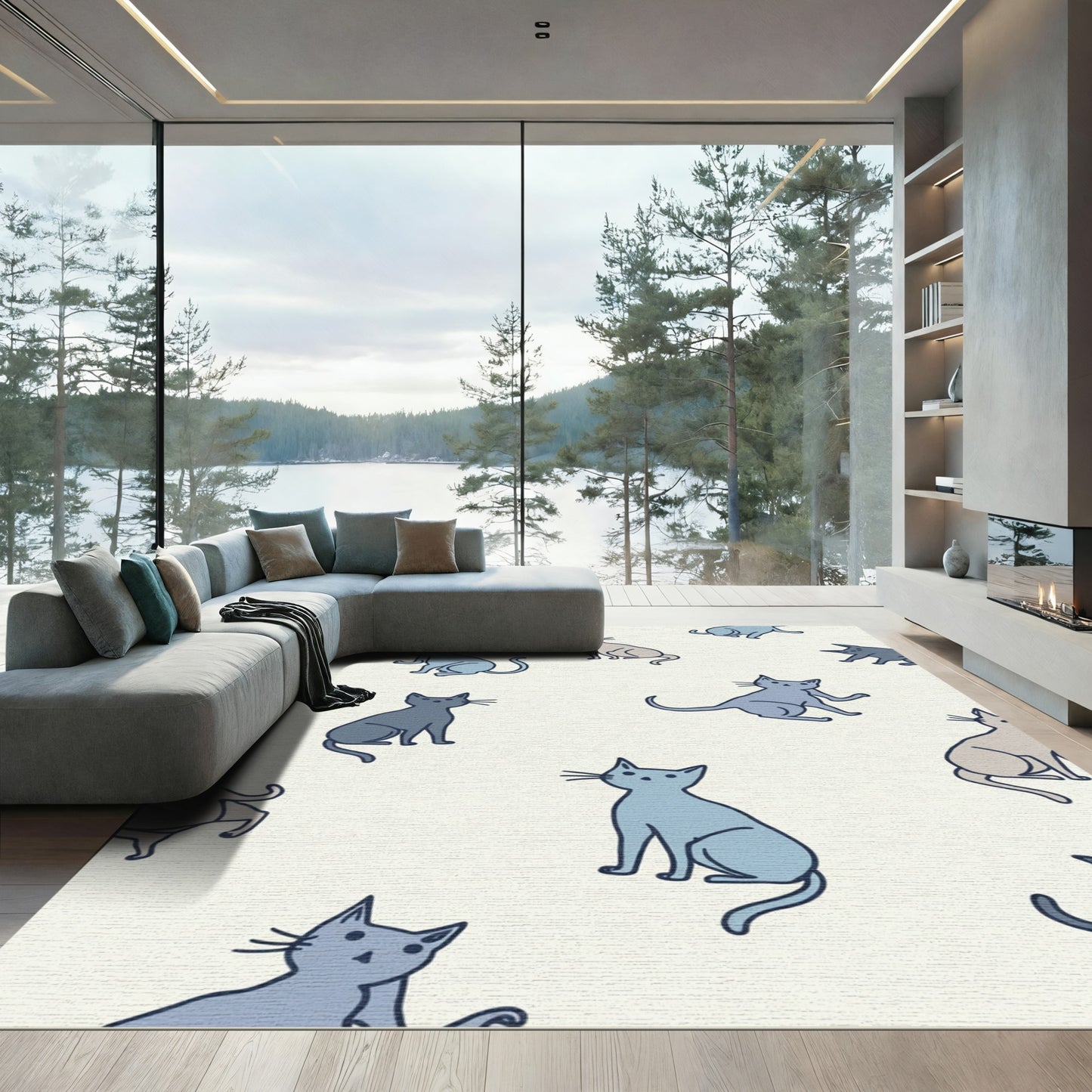 Light Blue Gray Feline Collage Rug