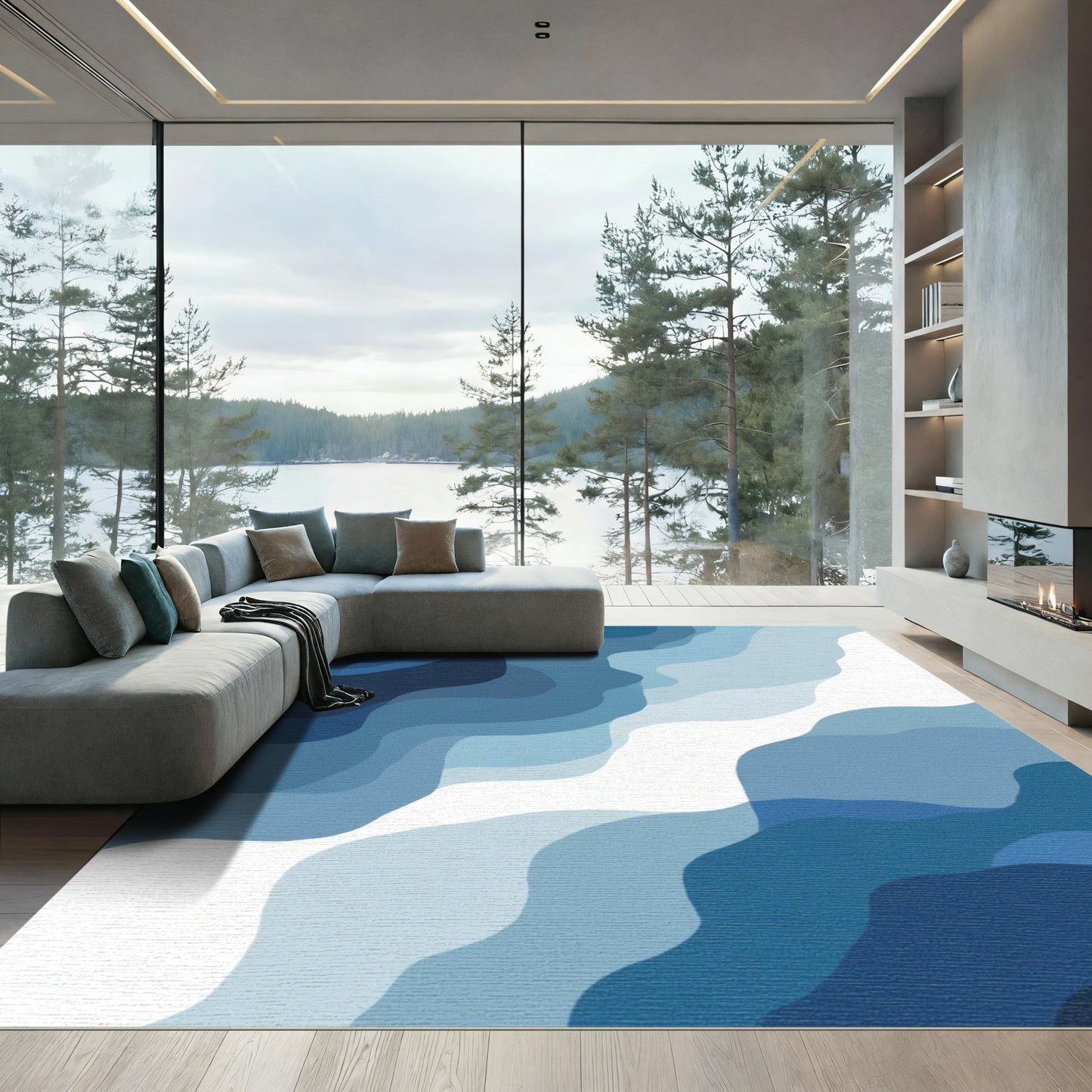 Deep Blue Flowing Abstract Waves Rug