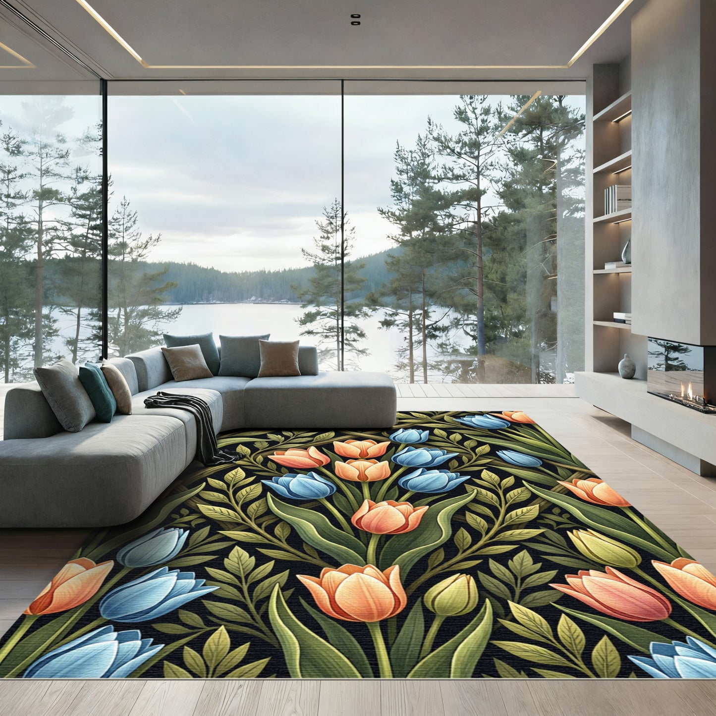 Elegant Peach and Blue Tulip Bouquet Rug