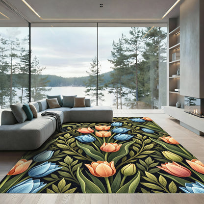 Elegant Peach and Blue Tulip Bouquet Rug