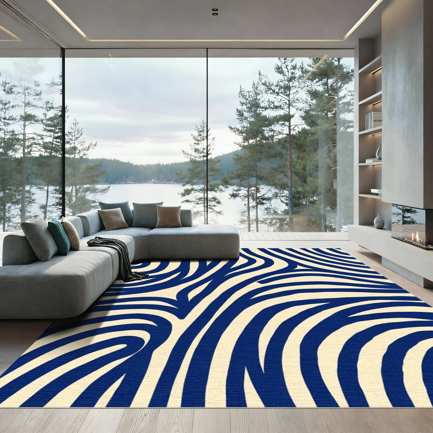 Navy Blue Cream Swirl Lines Rug