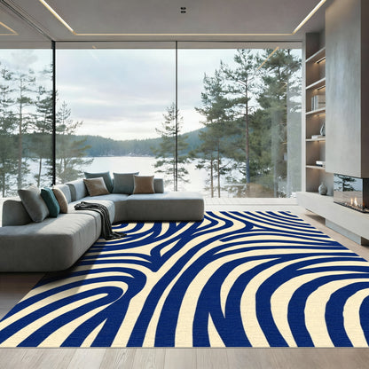 Navy Blue Cream Swirl Lines Rug