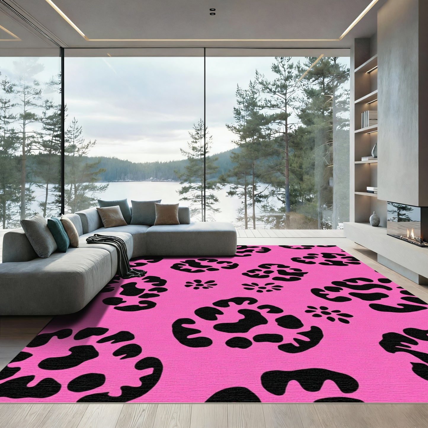Hot Pink Black Leopard Flower Rug