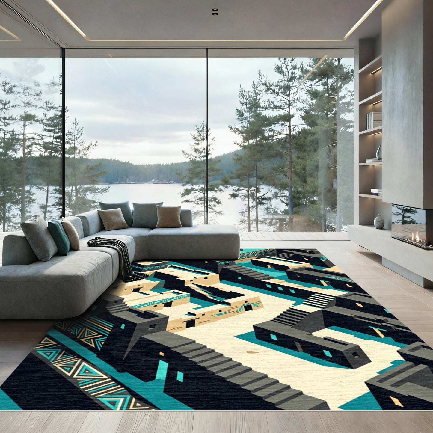Geometric Teal and Sand Terraced City Rug