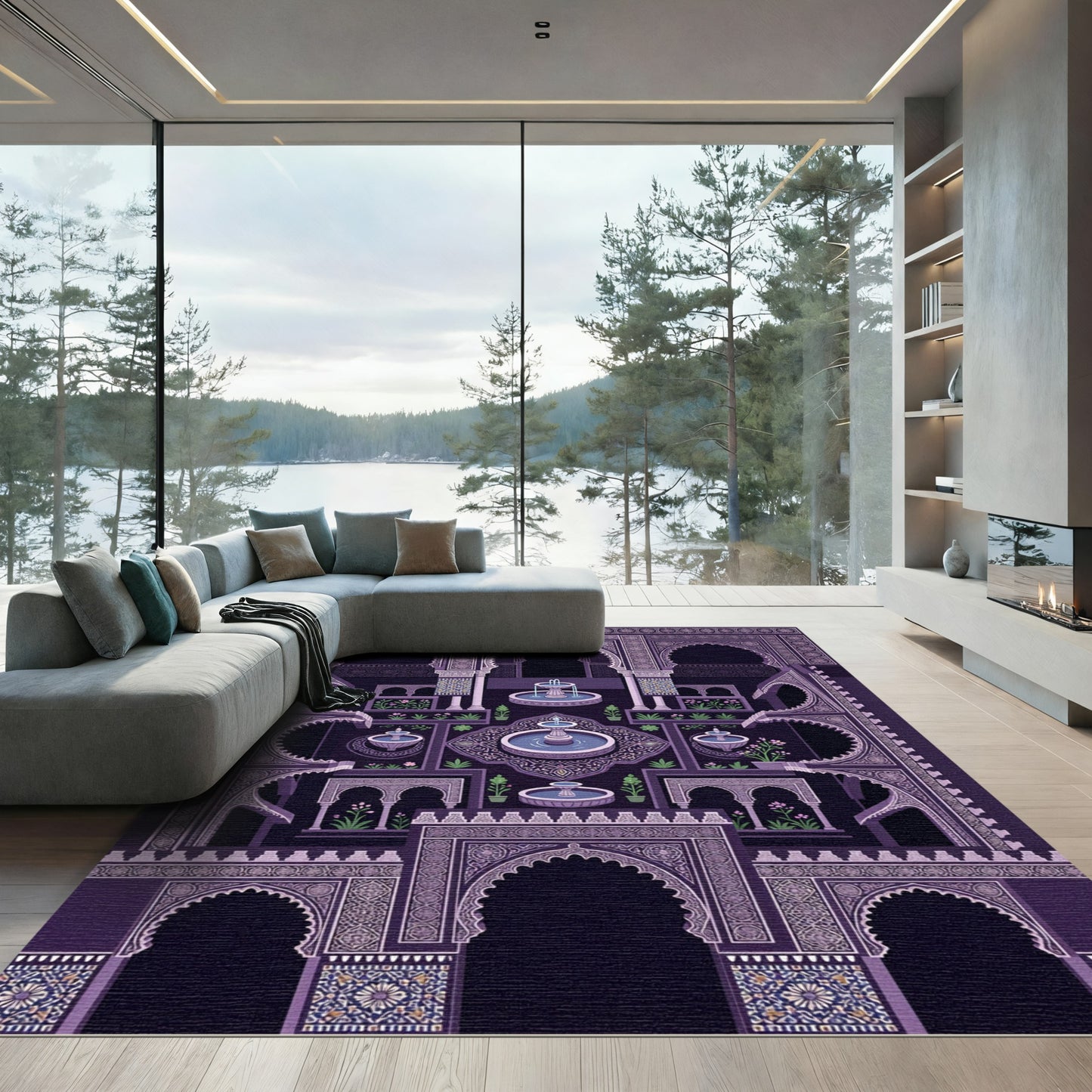 Ornate Purple Courtyard Fountain Rug