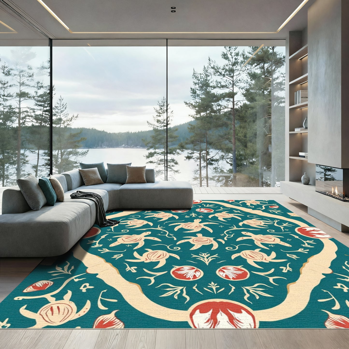 Teal Red Turtle Floral Mandala Rug